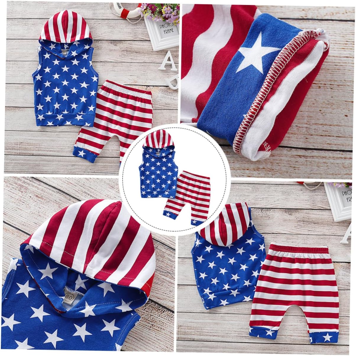 Boys Independence Day Costume Set - Patriotic Sleeveless Hoodie Shorts