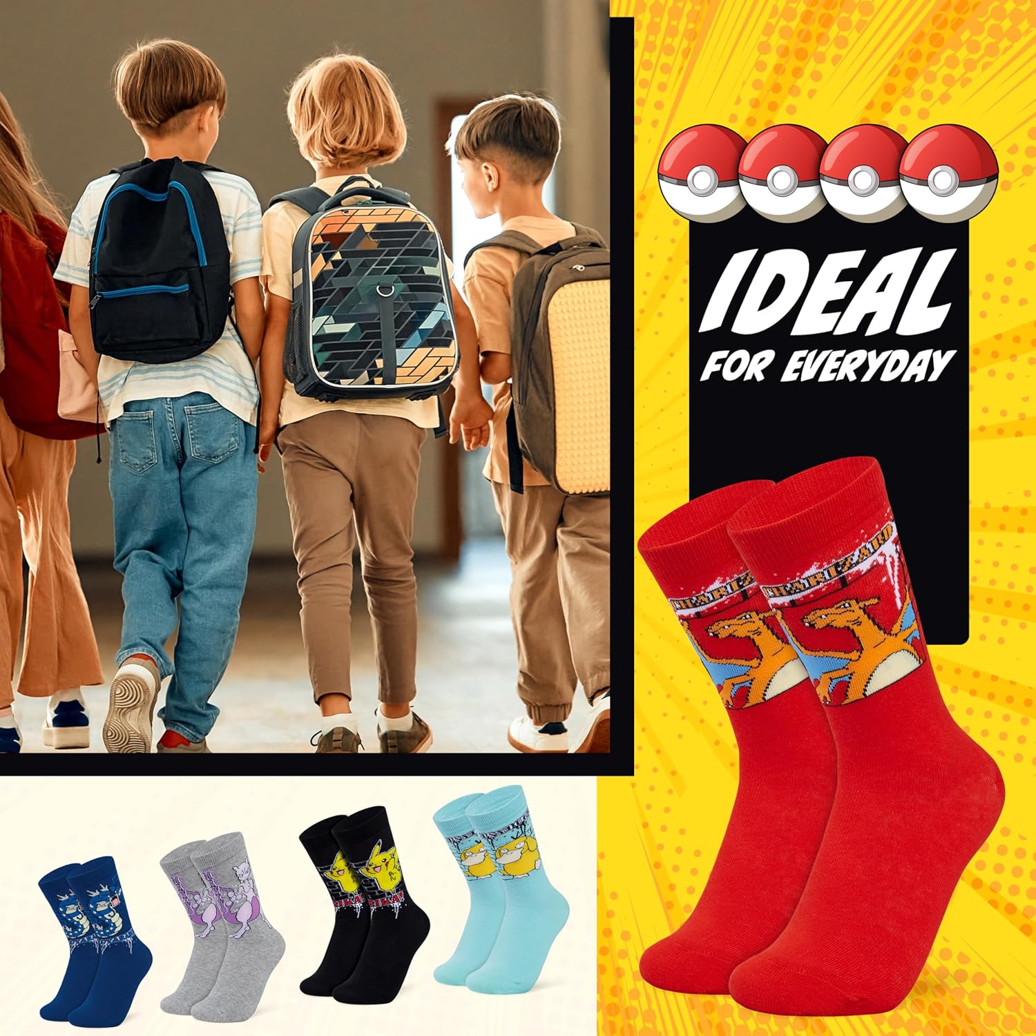 Pokemon Boys Calf Socks Discovers - Premium Soft Breathable Socks for Boys